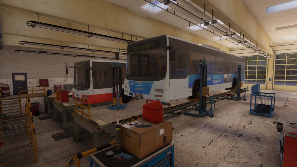 Bus Mechanic Simulator gameplay screenshot of buses being repaired
