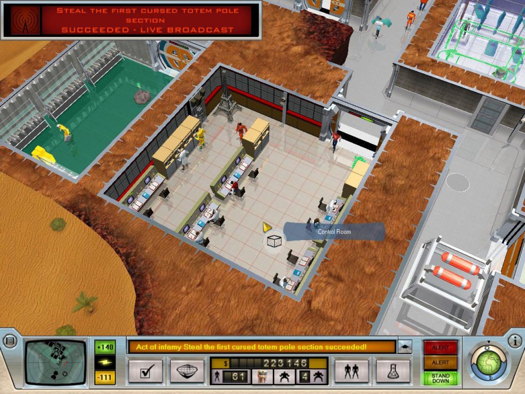 Evil Genius gameplay screenshot in a control room