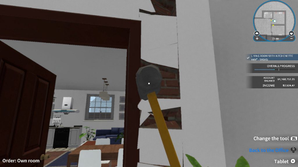 House Flipper smashing walls with a sledgehammer gameplay