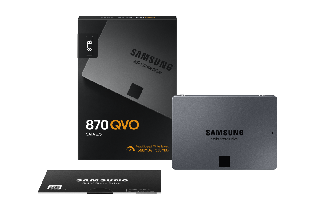 Samsung 870 QVO SSD next to box can be used to improve your gaming experience