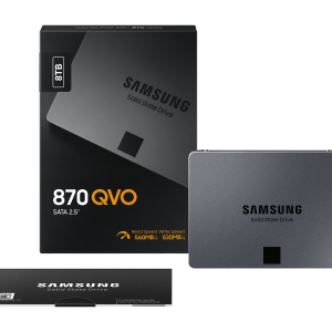 Samsung 870 QVO SSD next to box can be used to improve your gaming experience