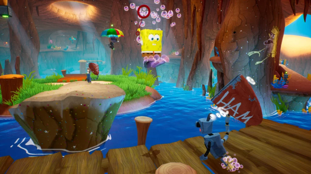 SpongeBob SquarePants Battle for Bikini Bottom – Rehydrated SpongeBob jumping on a robot