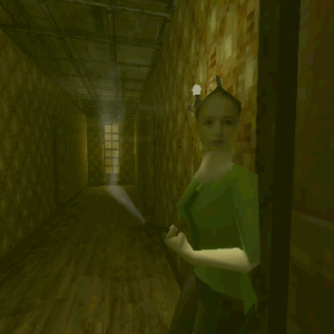 Paratopic gameplay with woman in a dark corridor