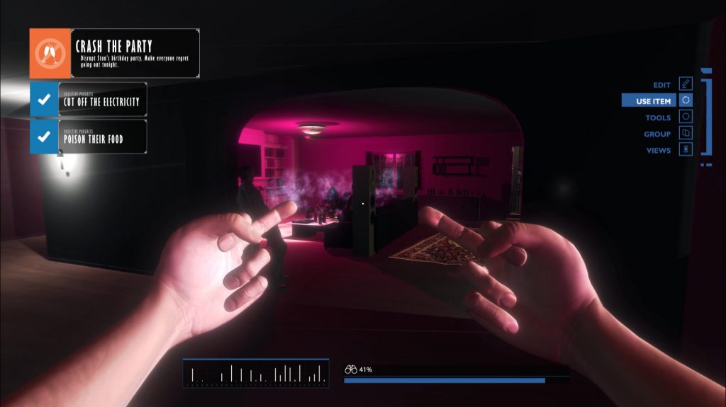 Party Crasher Simulator gameplay showing player sticking their middle fingers up to the guests