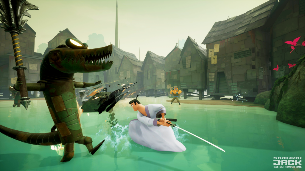 Samurai Jack: Battle Through Time gameplay fighting an alligator