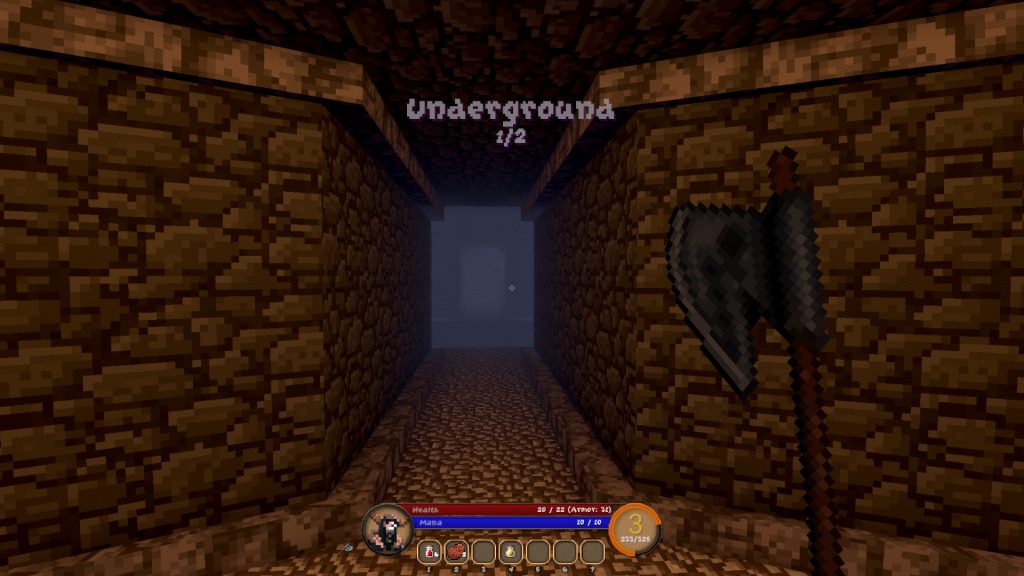 Pangeon gameplay crawling through a dungeon with an axe