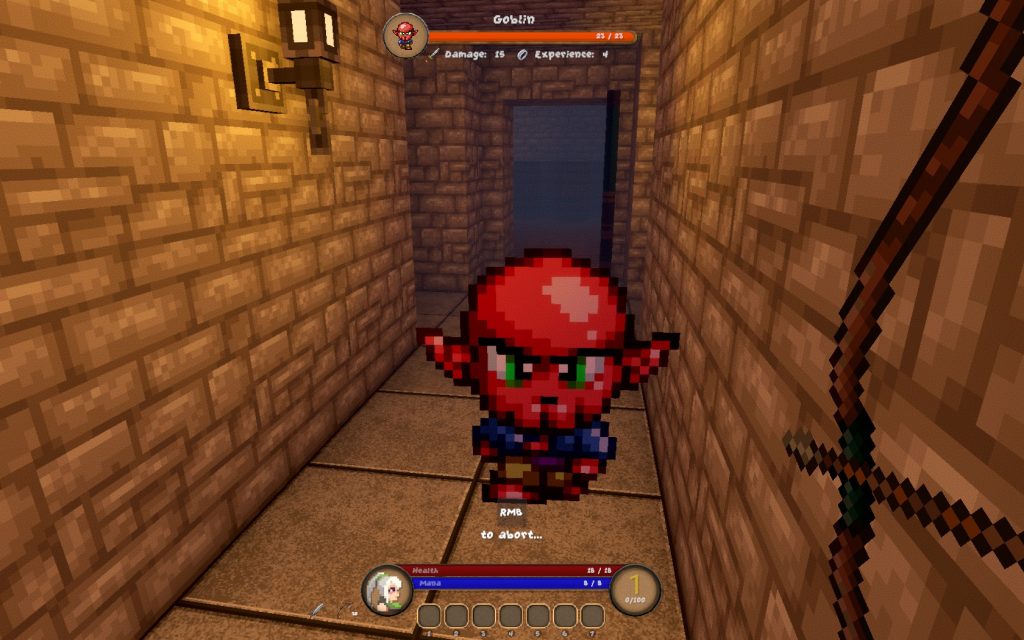 Pangeon gameplay, facing a small red imp in a corridor