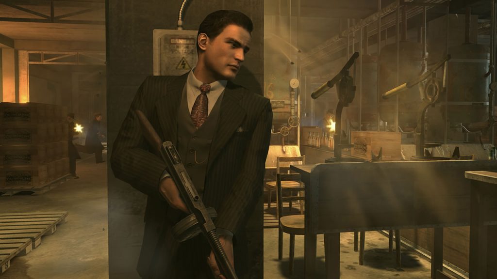 Mafia II gameplay hiding behind a post holding a gun ready to pop out and fire