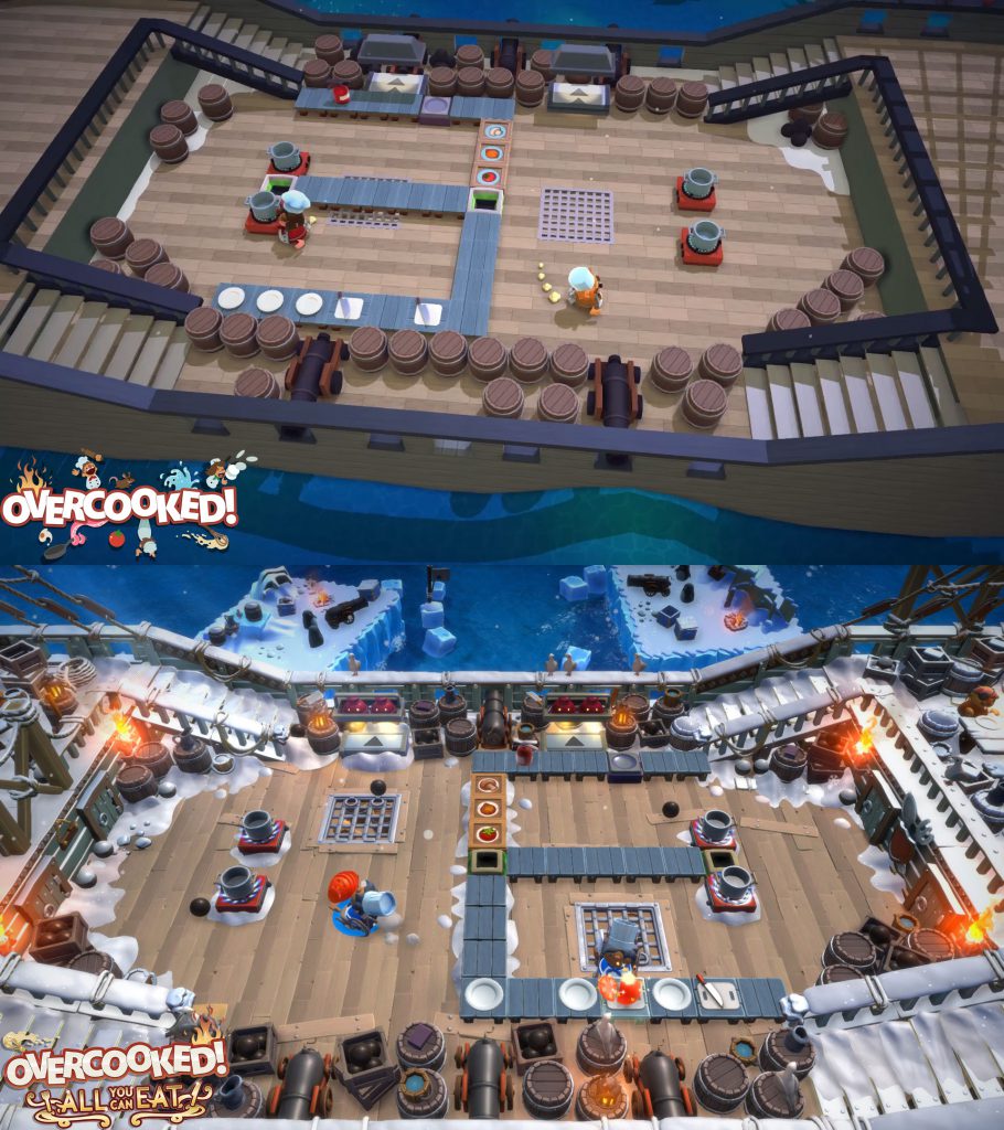 Overcooked All You Can Eat comparison with the original game on a pirate ship level