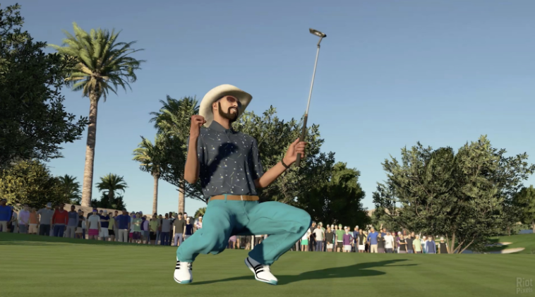 PGA Tour 2K21 player celebrating after a successful putt, dropping down to his knees