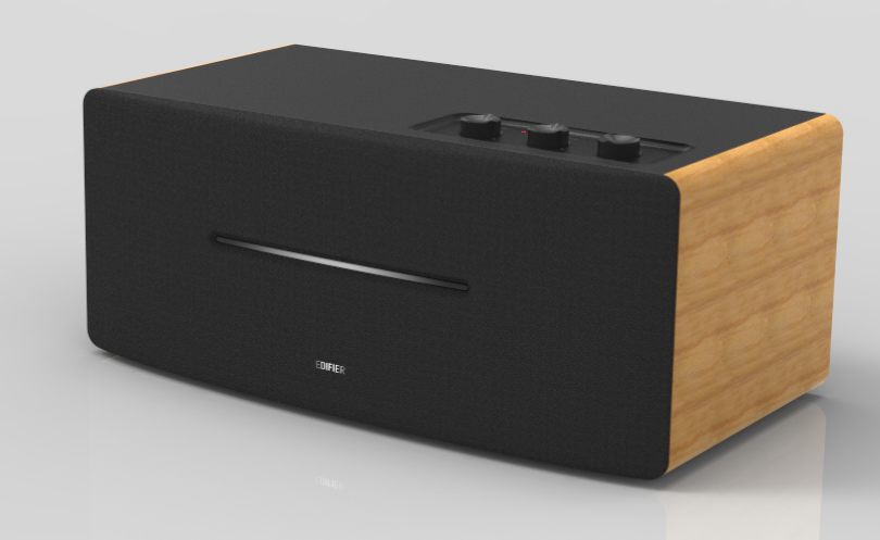 Edifier D12 speaker in black and wood panel sides