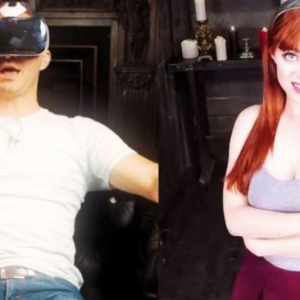 Virtual Reality Porn Games showing man wearing a headset and woman he is seeing