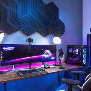 Elgato Light Strip and Wave Panels gamer desk setup