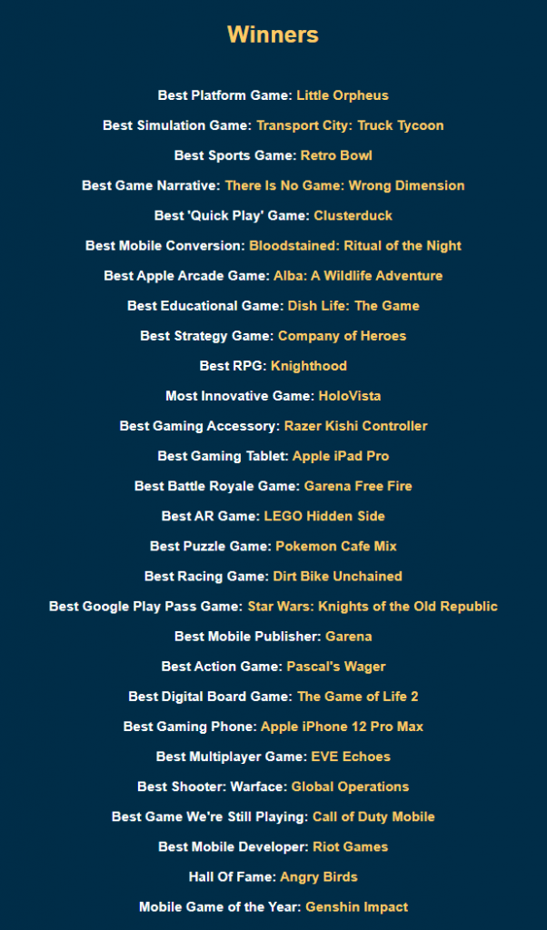 Pocket Gamer Awards Winners List