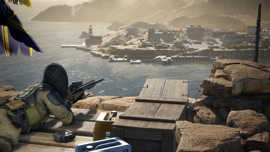 Sniper Ghost Warrior Contracts 2 artwork showing sniper on a cliff looking down on a sea port