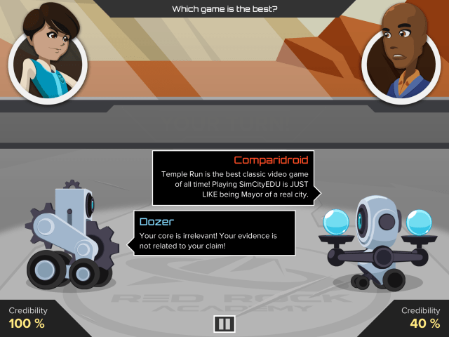 Argubot Academy gameplay showing a discussion between two chracters