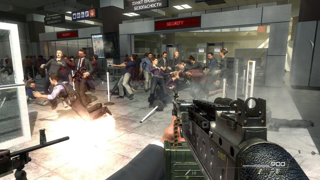 Call of Duty Modern Warfare 2 Controversial Russian Airport Level, showing a mass killing of civilians