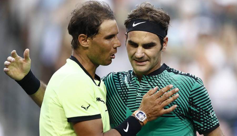 Roger Federer and Rafael Nadal after a game of tennis
