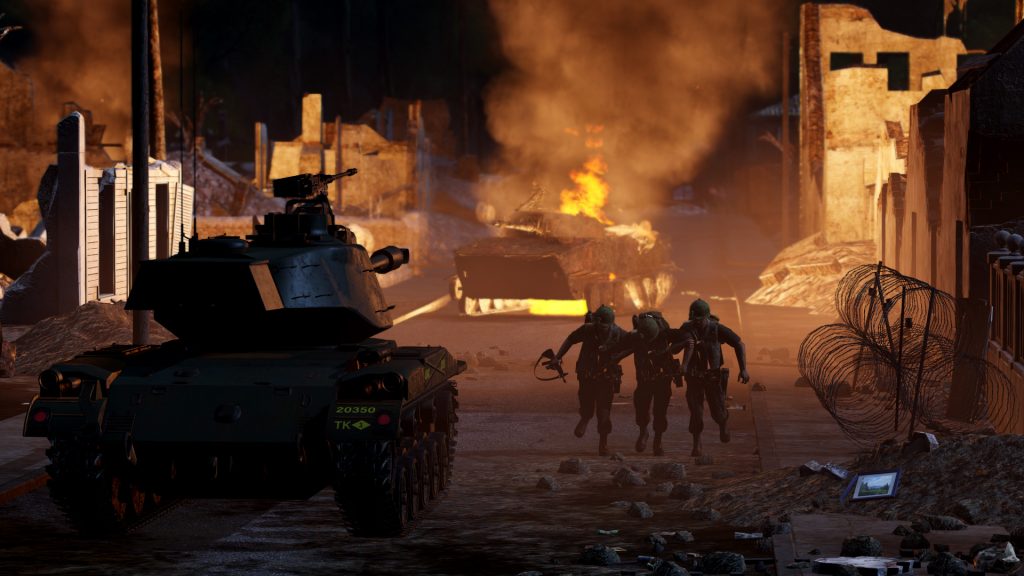 Arma 3 Creator DLC: S.O.G. Prairie Fire tank and soldiers in street lit up by flames