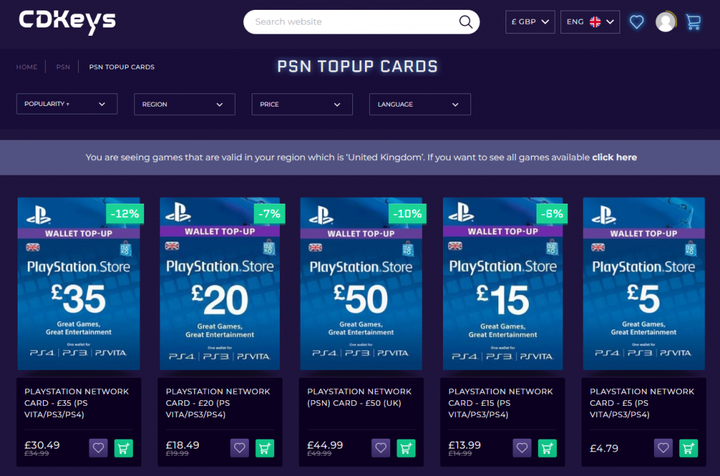 CDKeys PSN Top Up Cards suitable for PS5