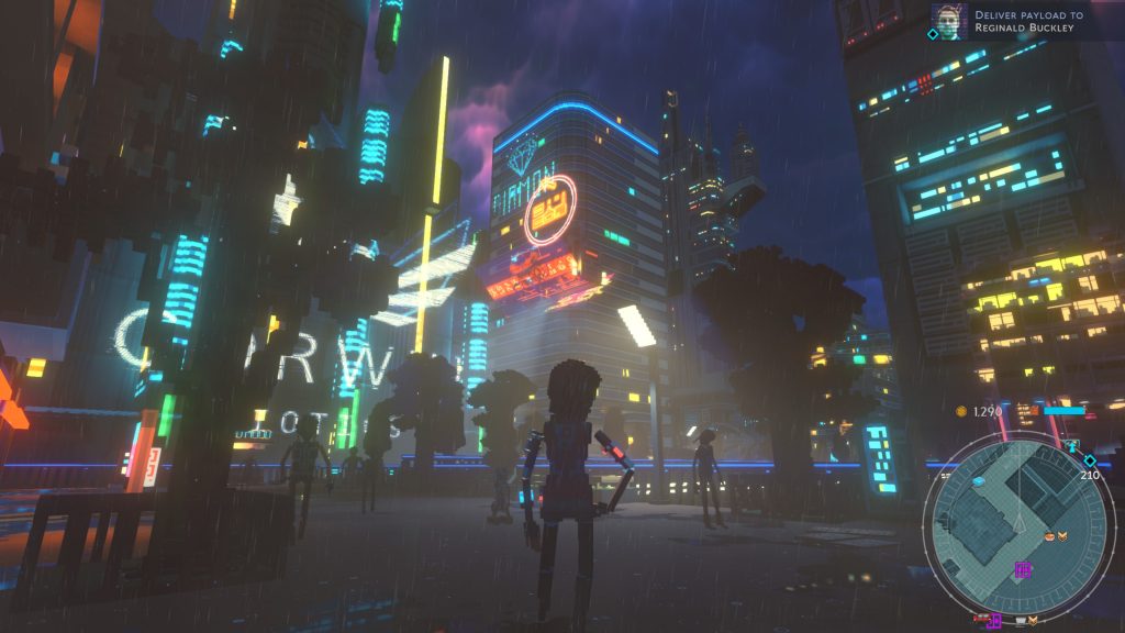 Cloudpunk screenshot standing in front of a city