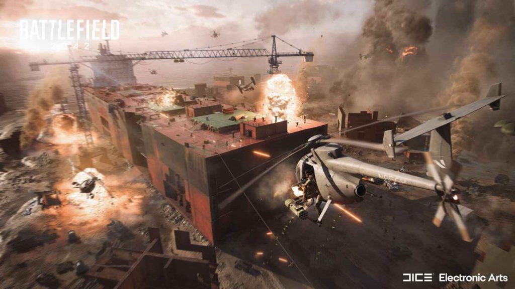 Battlefield 2042 helicopter firing at a rooftop