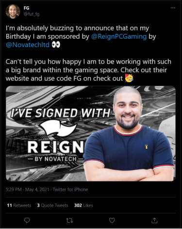 FUT_FG signs with Reign Gaming by Novatech announcement tweet