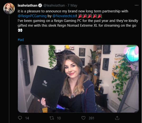 Leahviathan partners with Reign Gaming by Novatech - Leahviathan holding her new equipment on a tweet