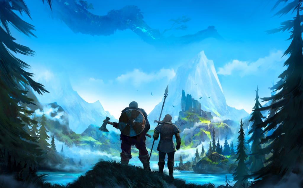 Valheim key art showing vikings standing looking into the distance