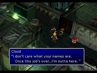 FFVII Clould talks to Barret, Jessie and Biggs.