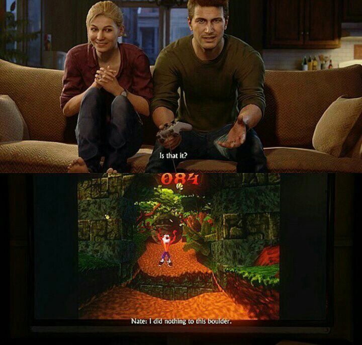 Uncharted 4: A Thief's End playing crash bandicoot minigame