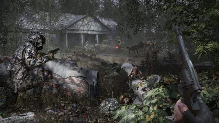 Chernobylite approaching an abandoned building with gun