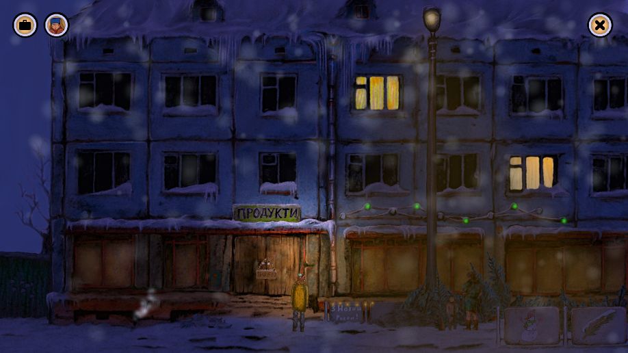Alexey’s Winter: Night Adventure - Outside boarded up building