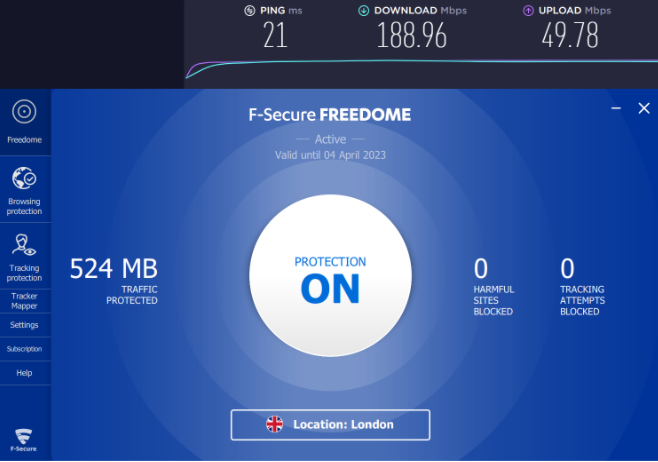 F-Secure FREEDOME VPN speeds and ping