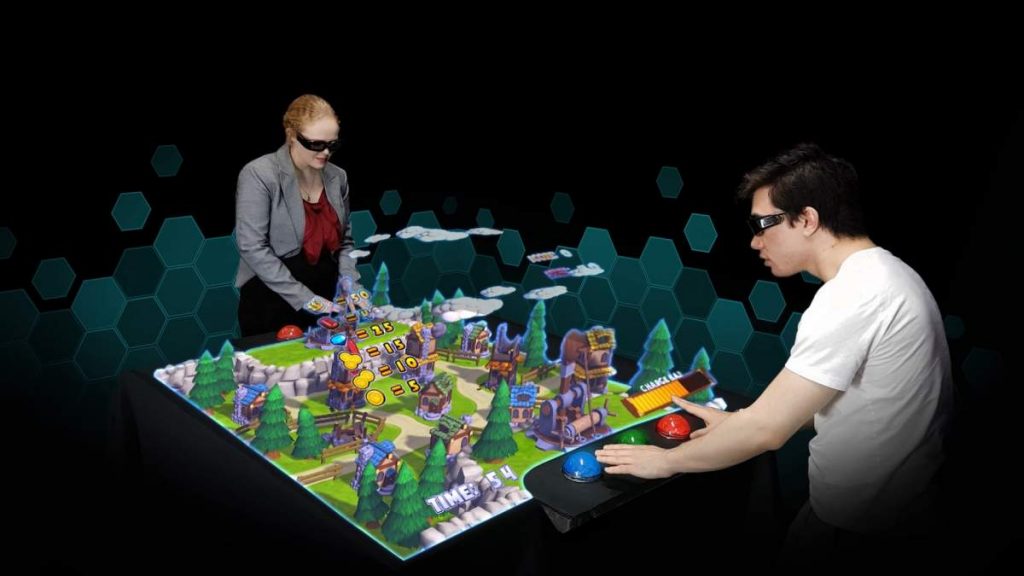 Hologram arcade table with two people playing