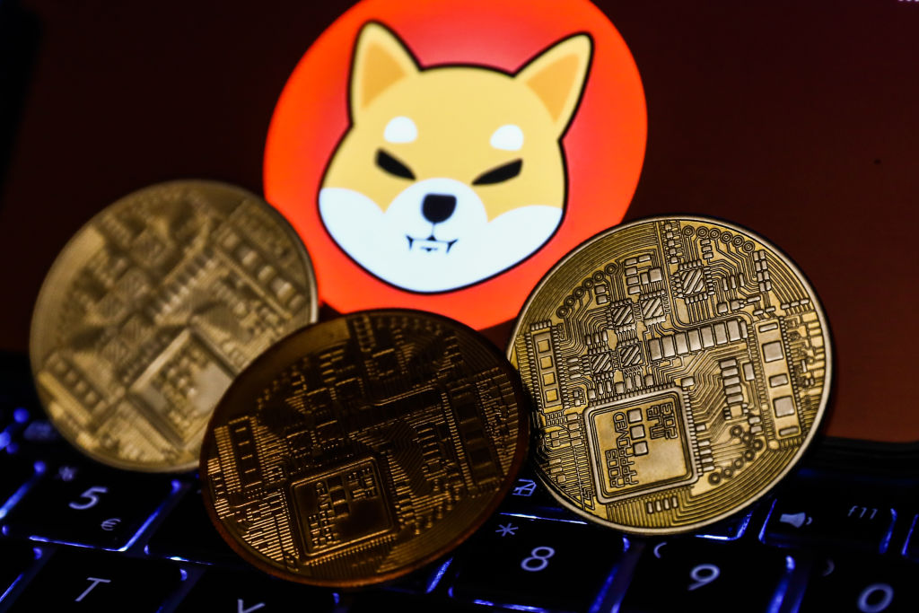 Shiba Inu cryptocurrency logo displayed on a phone screen and representation of cryptocurrency are seen in this illustration photo taken in Krakow, Poland on November 2, 2021. (Photo by Jakub Porzycki/NurPhoto via Getty Images)