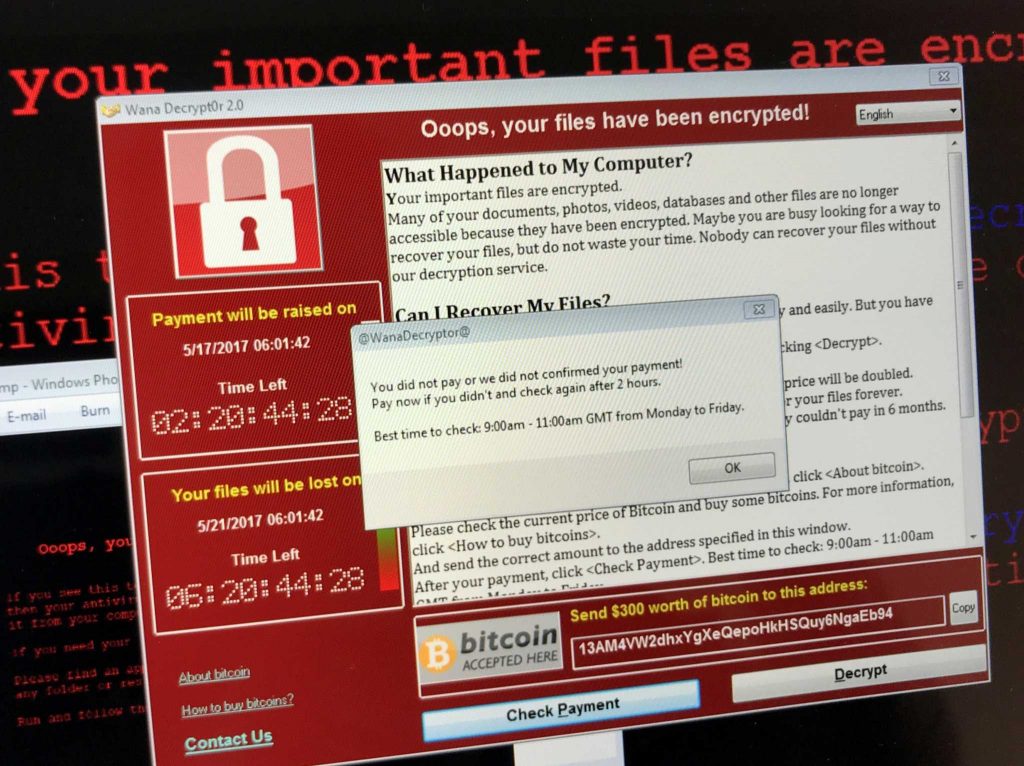 Ransomware message popping up on a computer screen