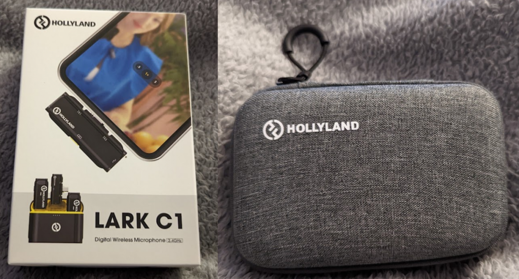 Hollyland LARK C1 in box and next to carry case