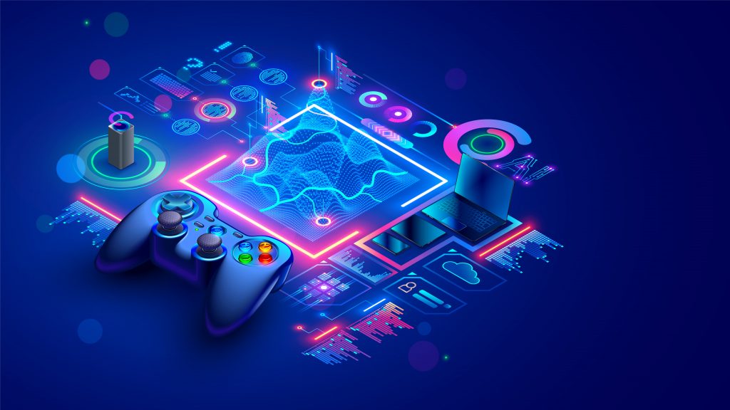 AI in Gaming showing a circuitboard and game controller