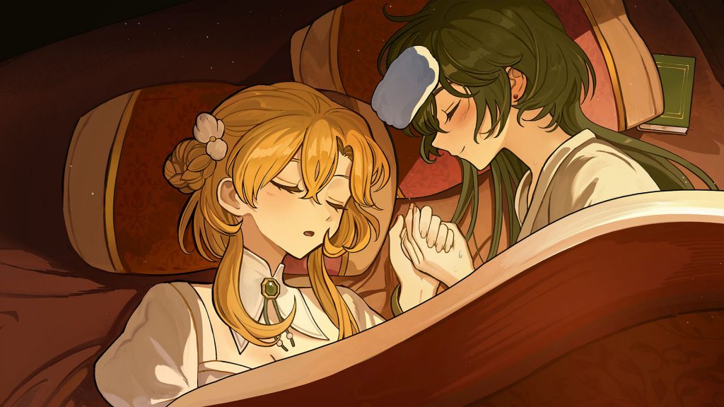 Volcano Princess artwork showing two characters laying in bed together