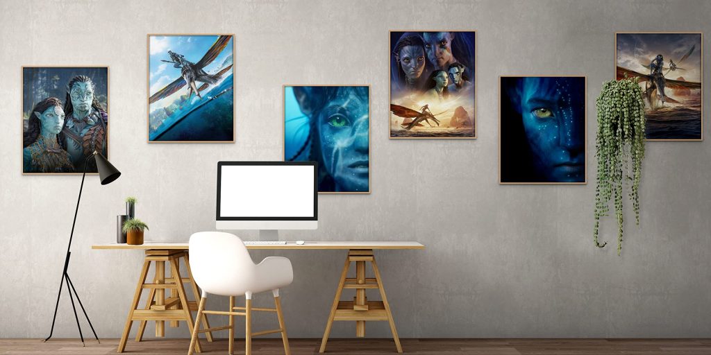 Film prints on the wall decorating an office