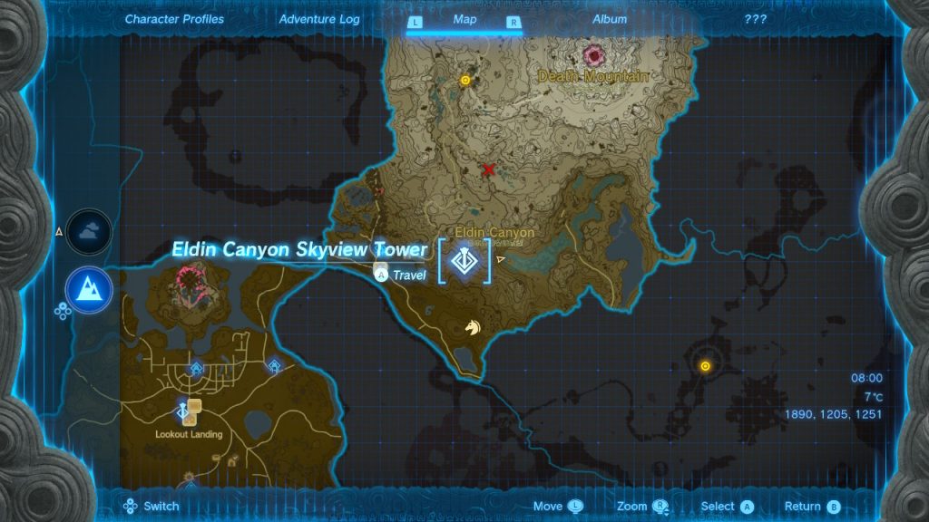 Legend of Zelda: Tears of the Kingdom Eldin Canyon Skyview Tower map location