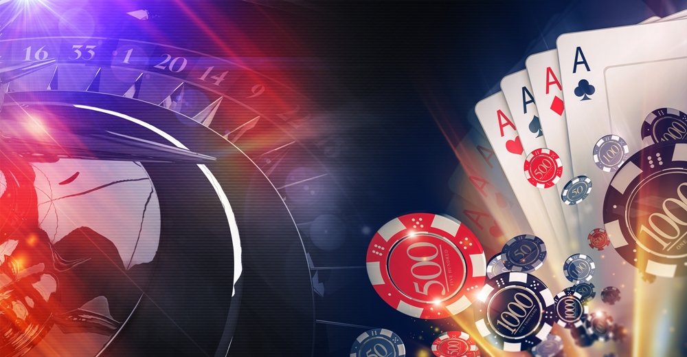 An image showing four aces, lots of casino chips and a roulette wheel