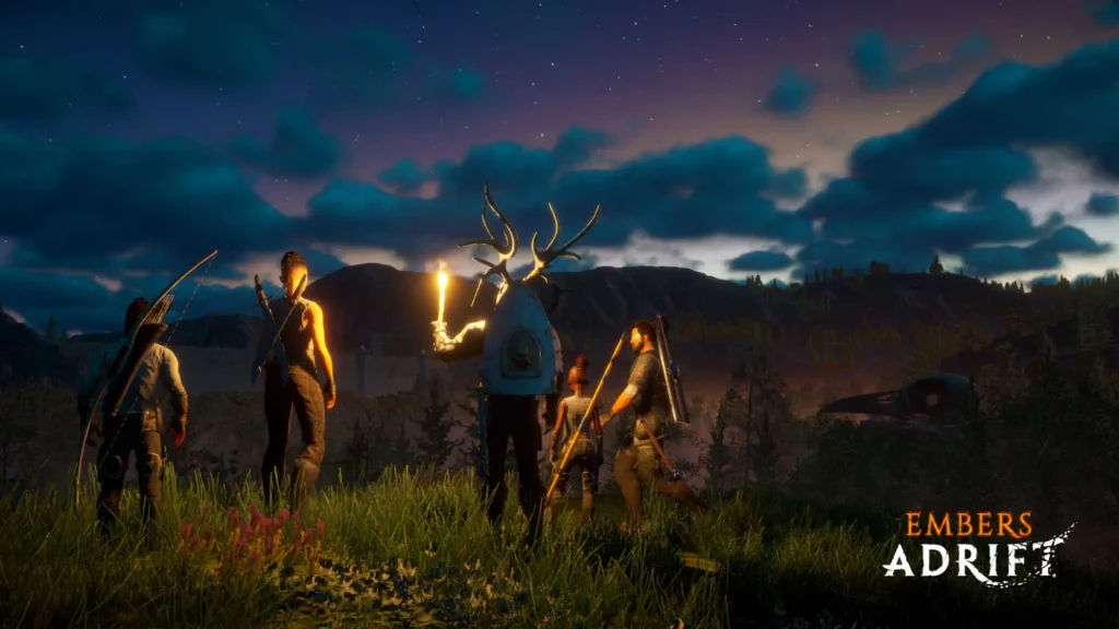 Embers Adrift screenshot of four players at night