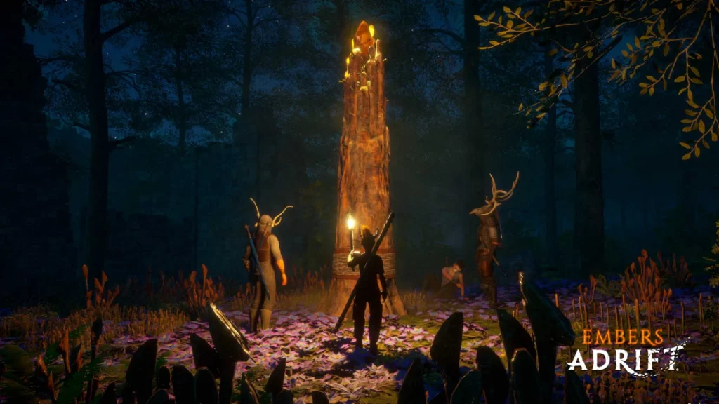 Embers Adrift screenshot of four players surrounding a burning totem