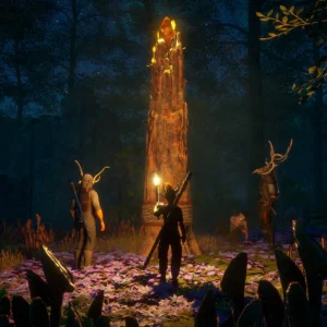 Embers Adrift screenshot of four players surrounding a burning totem