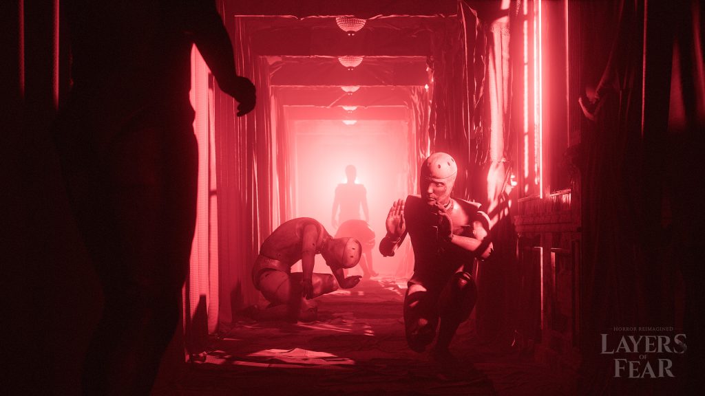 Layers of Fear (2023) Red Corridor full of manequins