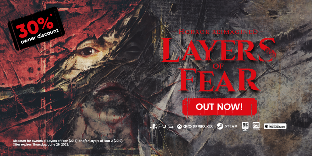 Layers of Fear (2023) header with available platforms and 30% discount