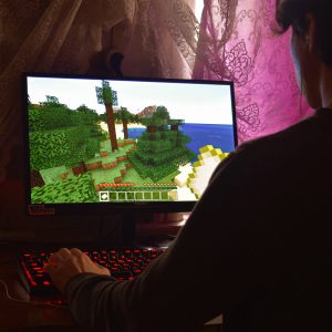 Gamer playing Minecraft on PC