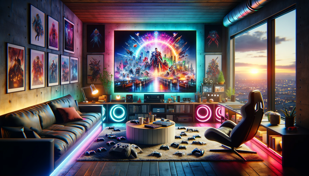 An header image for our video gasme releases 2024 article showing a modern gaming room with a cozy and high-tech atmosphere. In the center, there's a large, sleek TV screen.